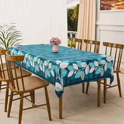 Kuber Industries Blue & White Floral Printed Velvet Anti-Skid 6-Seater Table Cover-19