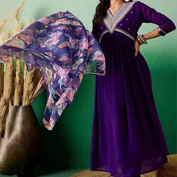Divyadham Textiles Women Ethnic Motifs Embroidered Empire Thread Work Kurta with Pyjamas & With Dupatta-picture-40