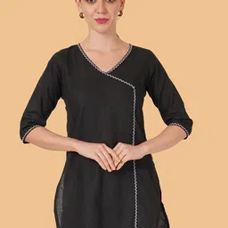 Brownverse Thread Work V-Neck Khadi Cotton Angrakha Design Kurta-image-25
