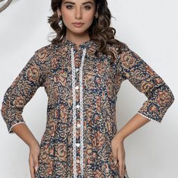 VEDANA Floral Print Mandarin Collar Bohemian Cotton Top-picture-44