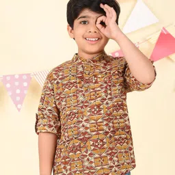 Fabindia Boys Ethnic Motifs Printed Band Collar Pure Cotton Short Kurta-image-13