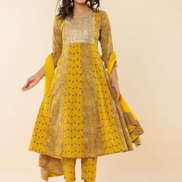 Yufta Floral Printed Thread Work Pure Cotton A-Line Kurta With Trouser With Dupatta-picture-19