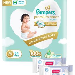 Pampers Premium Care Pants, Medium size baby diapers (M), 54 Count, Softest ever Pampers pants & Babyhug Daily Moisturising Milk Wipes - 24 Pieces - (Pack of 2)-10