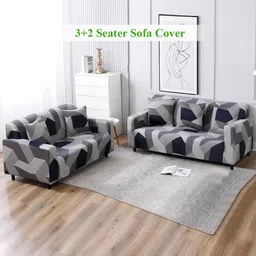 HOKIPO Geometric Grey Print 5 Seater Fully Covered Stretchable Sofa Cover-image-14