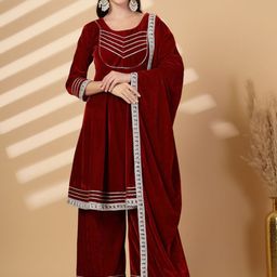 Clora Creation Yoke Design Gotta Patti Velvet Anarkali Kurta With Palazzos & Dupatta-image-45