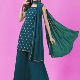 PARROT CREATION Geometric Embroidered Georgette Straight Kurti With Sharara & Dupatta-picture-21