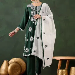 Maroosh Women Floral Embroidered Regular Thread Work Kurta with Trousers & With Dupatta-image-63