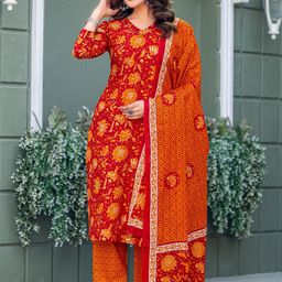 ARADHNA Women Floral Printed Regular Pure Cotton Kurta with Trousers & Dupatta-51