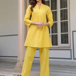 Janasya Women's Yellow Cotton Solid A-Line Co-Ords Set-image-90