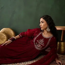 Sangria Floral Yoke Design Pleated Sequinned Kurta With Trousers & Dupatta-58