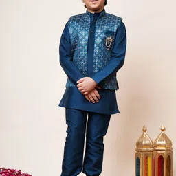 BT DEZINES Boys Mandarin Collar Cotton Silk Sequinned Kurta With Pyjamas & Nehru Jacket-picture-0