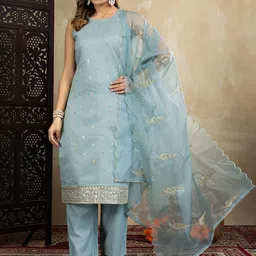 House of Pataudi Floral Embroidered Chanderi Cotton Straight Kurta & Trousers With Dupatta-picture-40