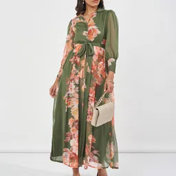Styli Floral Print Shirt Collar Cuffed Sleeves Maxi Dress With Tie-Ups-image-32