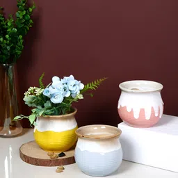 TAYHAA Pastel Drip Yellow & Grey 3 Pieces Pastel Drip Ceramic Flower Planters-16