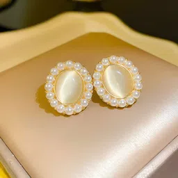 COOLWOOL Gold-Plated Artificial Stones Studded And Pearls Beaded Korean Oval Studs-18