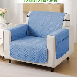 HOKIPO Blue Self Design Single Seater Sofa Cover With Arms-13