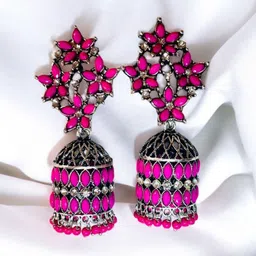 M55 Silver-Plated Artificial Stones Studded Beaded Dome Shaped Jhumkas-23