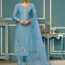 HERE&NOW Floral Embroidered Thread Work Roman Cotton Silk Unstitched Dress Material-image-99