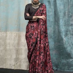 ODETTE Floral Printed Satin Saree with Blouse Piece-image-89
