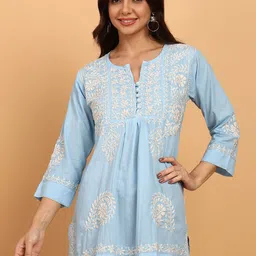 VAHSON Ethnic Motifs Embroidered V-Neck Chikankari Pure Cotton Chikankari Pleated Kurti-image-36