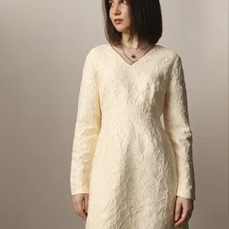 ONLY Self Design V-neck Jacquard Long Sleeves A-Line Dress-image-18
