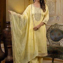 Vastukala Ethnic Motifs Embroidered Thread Work Straight Kurta With Trousers & Dupatta-4