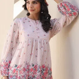 Janasya Women Peach Georgette Floral Printed Flared Top-image-55
