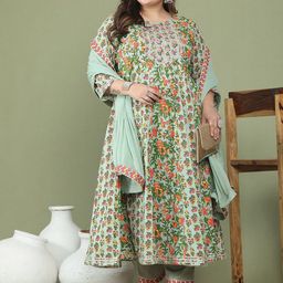 Rajnandini Floral Printed Pure Cotton Round Neck A-Line Kurta With Trousers And Dupatta image 2