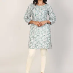 Hassu's Floral Printed Round Neck Sequinned Linen Straight Kurti-image-12