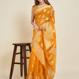Durga Textile Yellow Nylon Organza Woven Banarasi Saree-picture-24