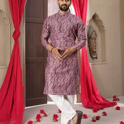 Bandidhari Fashion Men Red Tribal Printed Silk Kurta-24
