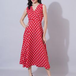 Curvydrobe Women Polka Dot Print Gathered or Pleated V-Neck Georgette A-Line Maxi Dress-image-19