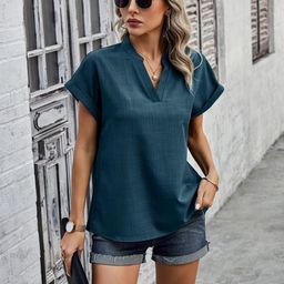 Outzidr Navy Women V-Neck Short Sleeve Casual Blouson Top-image-96