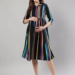 Cot'N Soft Striped Shirt Collar Maternity Fit and Flare Cotton Midi Dress-image-59