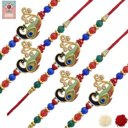 MEIRA JEWELLERY Set Of 5 Designer Rakhis With Assorted Greeting Card & Roli Chawal-26
