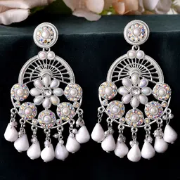 Sangria Stainless Steel Ethnic Pearls And Stone Studded Classic Shaped Drop Earrings-14