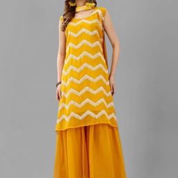 PARROT CREATION Floral Embroidered Sequinned Georgette Kurta With Sharara And Dupatta-10