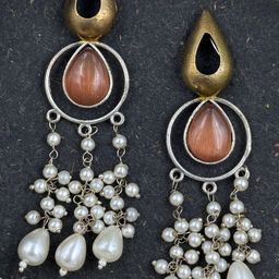 NAMAN ARTS Silver Plated Artificial Stones Studded & Beaded Teardrop Shaped Drop Earrings-picture-9