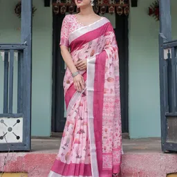 all about you Floral Printed Zari Pure Linen Saree-image-97