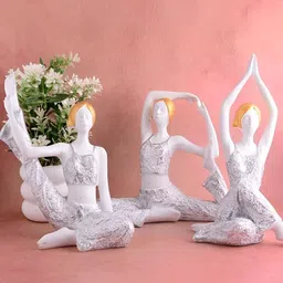Zart White & Silver Toned 3 Pieces Yoga Lady Figurine Showpieces-image-31