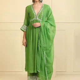 KALINI Floral Embroidered Thread Work V-Neck Anarkali Kurta With Palazzos And Dupatta-image-37