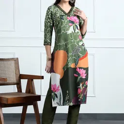 Moda Rapido Women Floral Printed Regular Mirror Work Kurta with Trousers-image-12