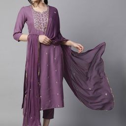 GoSriKi Women Embroidered Regular Kurta with Trousers & With Dupatta-5