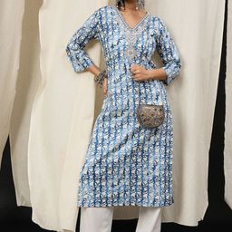 Anouk Floral Printed Zardozi Cotton Straight Kurta-picture-1
