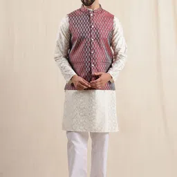 Anouk Men Floral Embroidered Band Collar Kurta with Pyjamas & Nehru Jacket-image-35