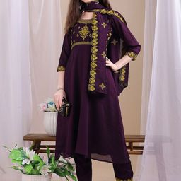 KALINI Floral Embroidered Round Neck Anarkali Kurta With Trousers And Dupatta-picture-15