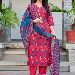 VIBE VISION Women Floral Printed Regular Kurta with Trousers & With Dupatta-picture-52