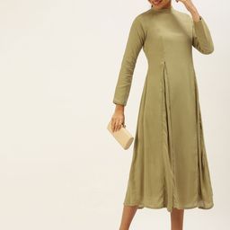 Ethnovog Khaki Solid Made To Measure A-Line Midi Dress-16
