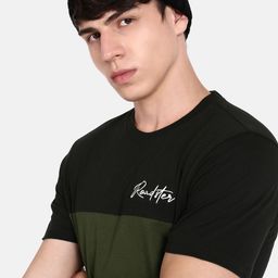 The Roadster Life Co. Olive Green & Black Patched & Panelled Pure Cotton T-shirt-image-18