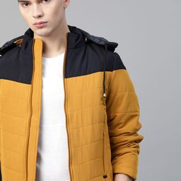 Roadster Men Navy Blue & Mustard Yellow Colourblocked Padded Detachable Hood Jacket-picture-42